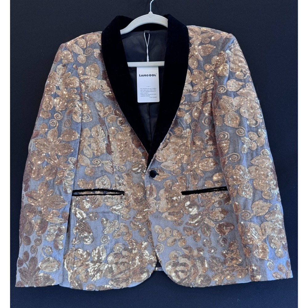 Lamgool Boys 14 Gold Floral Sequin Blazer Tuxedo Jacket Velvet Lapel NWT